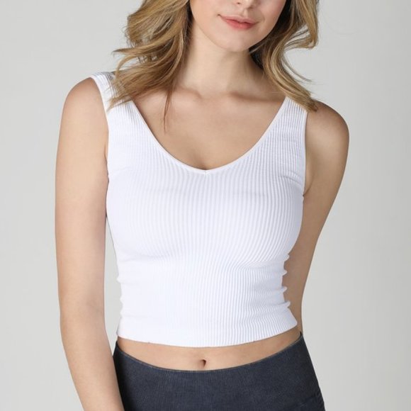 New White Stretchy Ribbed V Neck Ribbed - Picture 1 of 1
